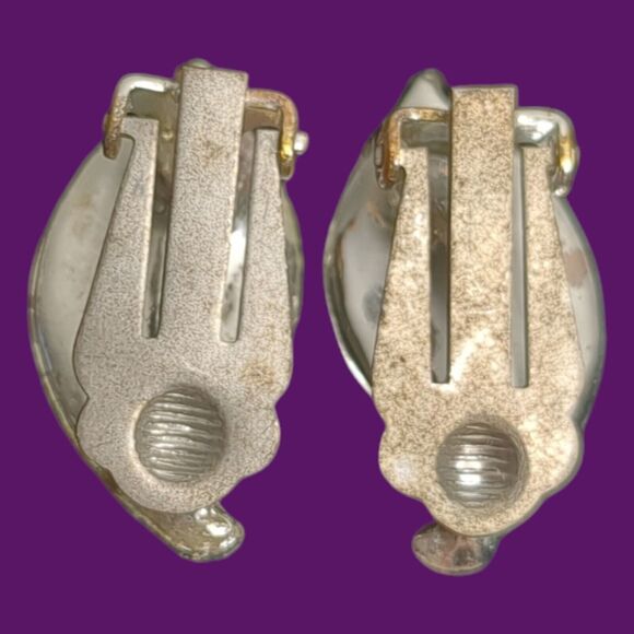 Vintage Rhinestone Leaf Flower Petal Silver Tone Faux Pearl Clip On Earrings - Picture 5 of 6